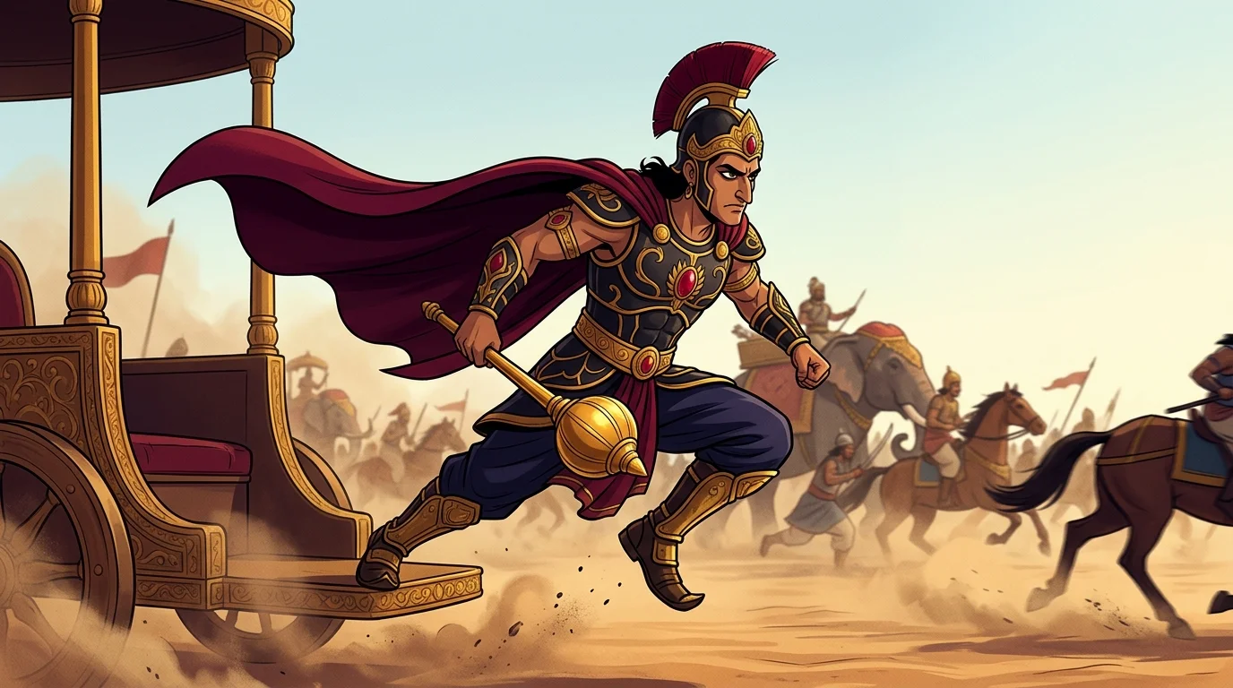 Duryodhana leaping down hastily from his chariot platform into the swirling dust
