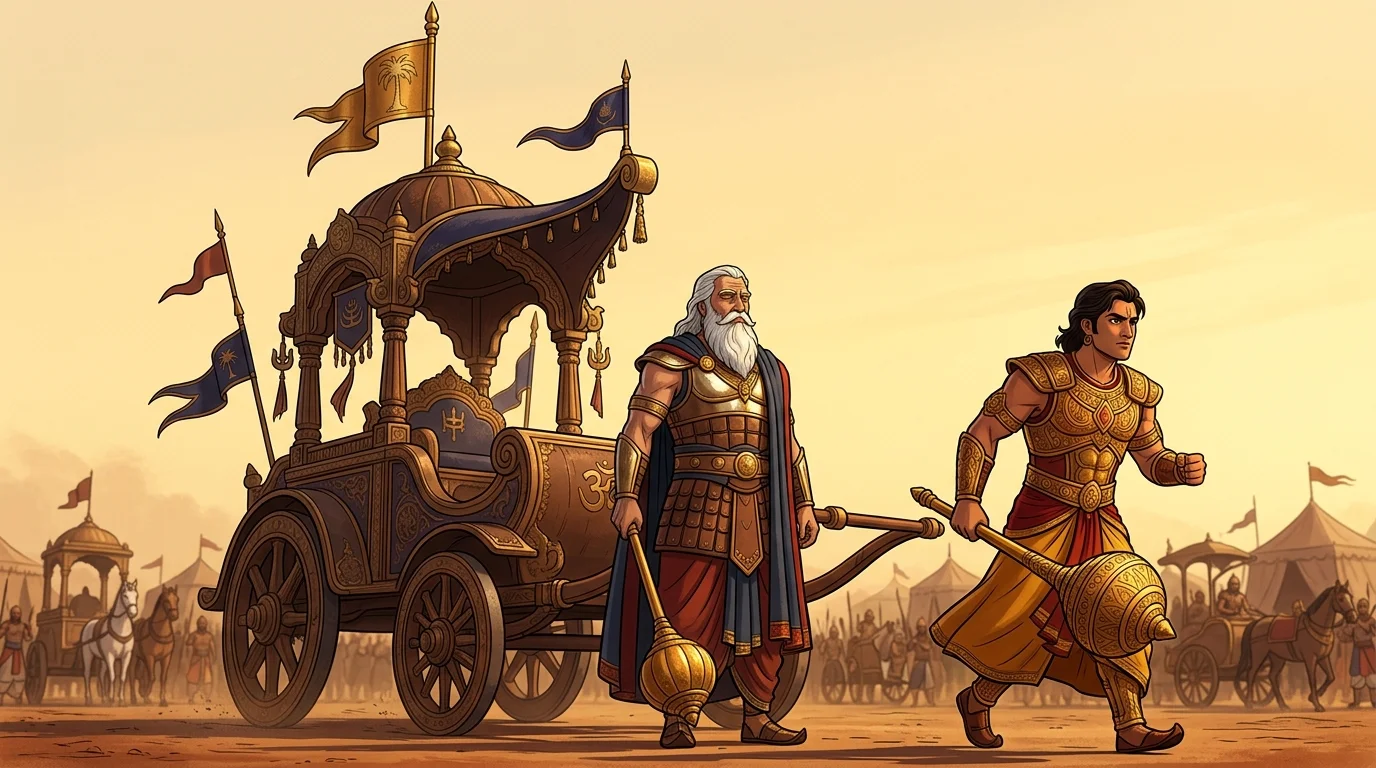 Duryodhana marching past the towering stationary chariot of Grandfather Bhishma