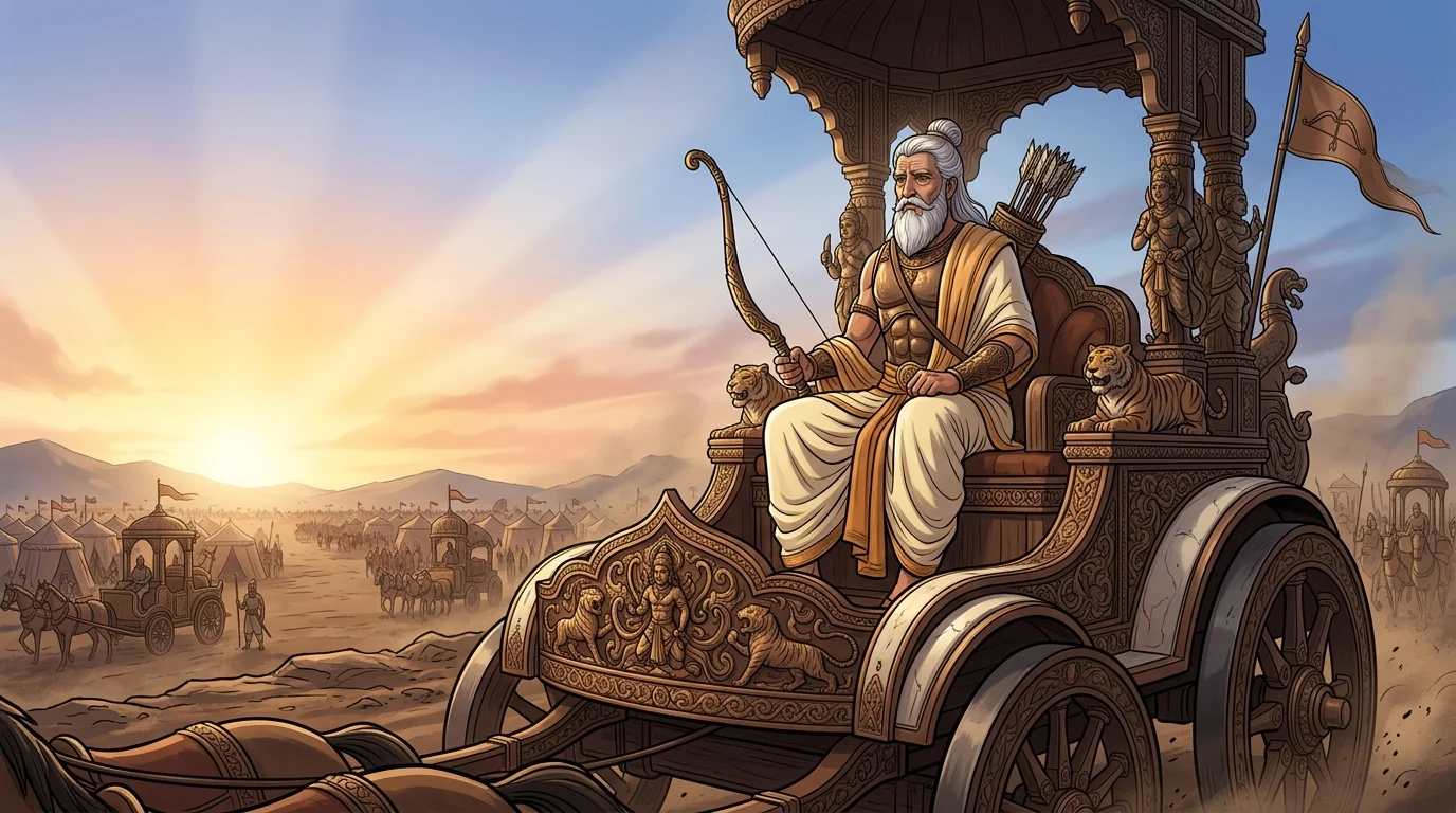 Majestic low-angle view of Acharya Drona standing erect on his ivory-and-bronze war chariot