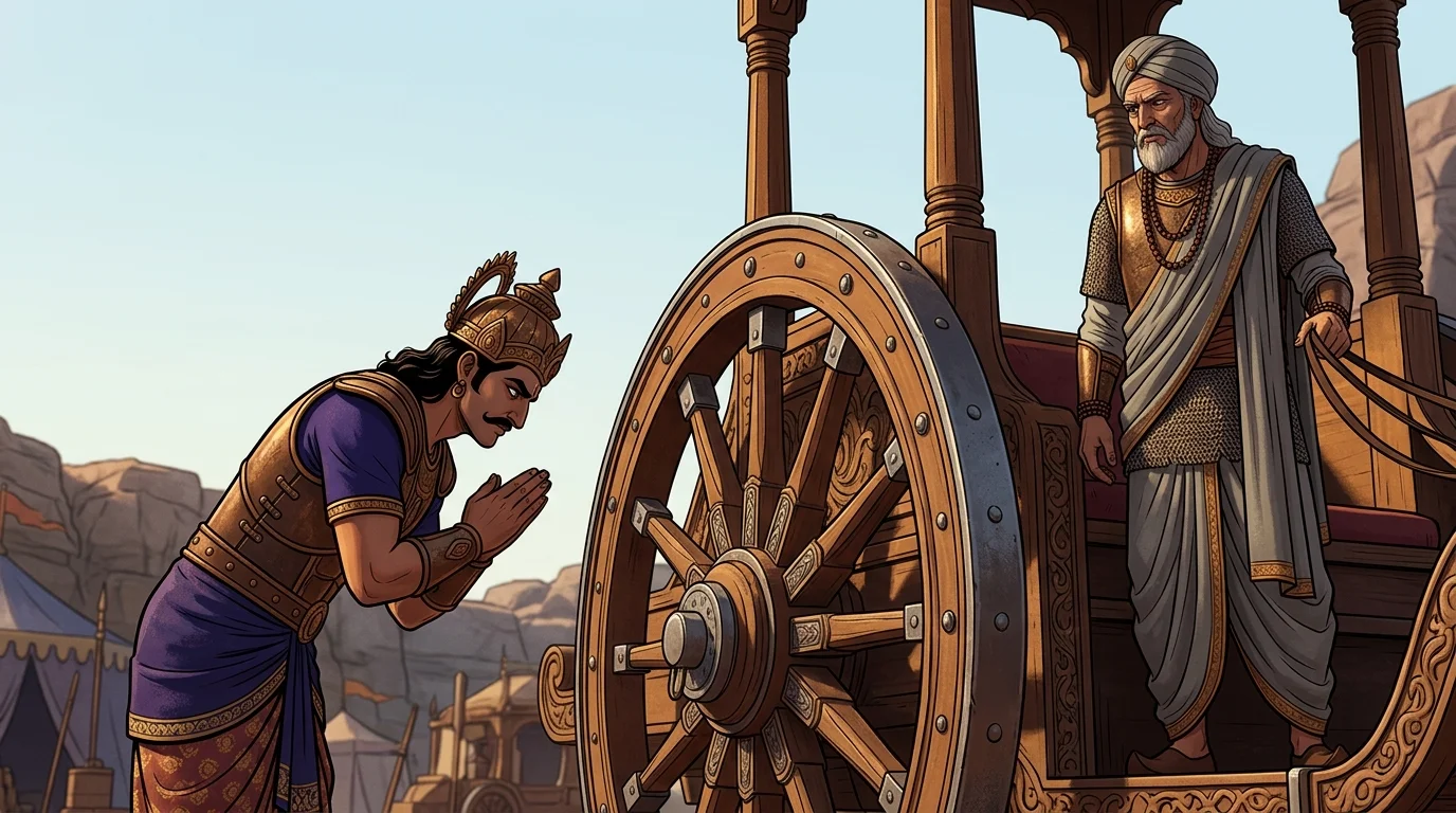 Duryodhana bowing with exaggerated courtly etiquette beside Drona's chariot wheels