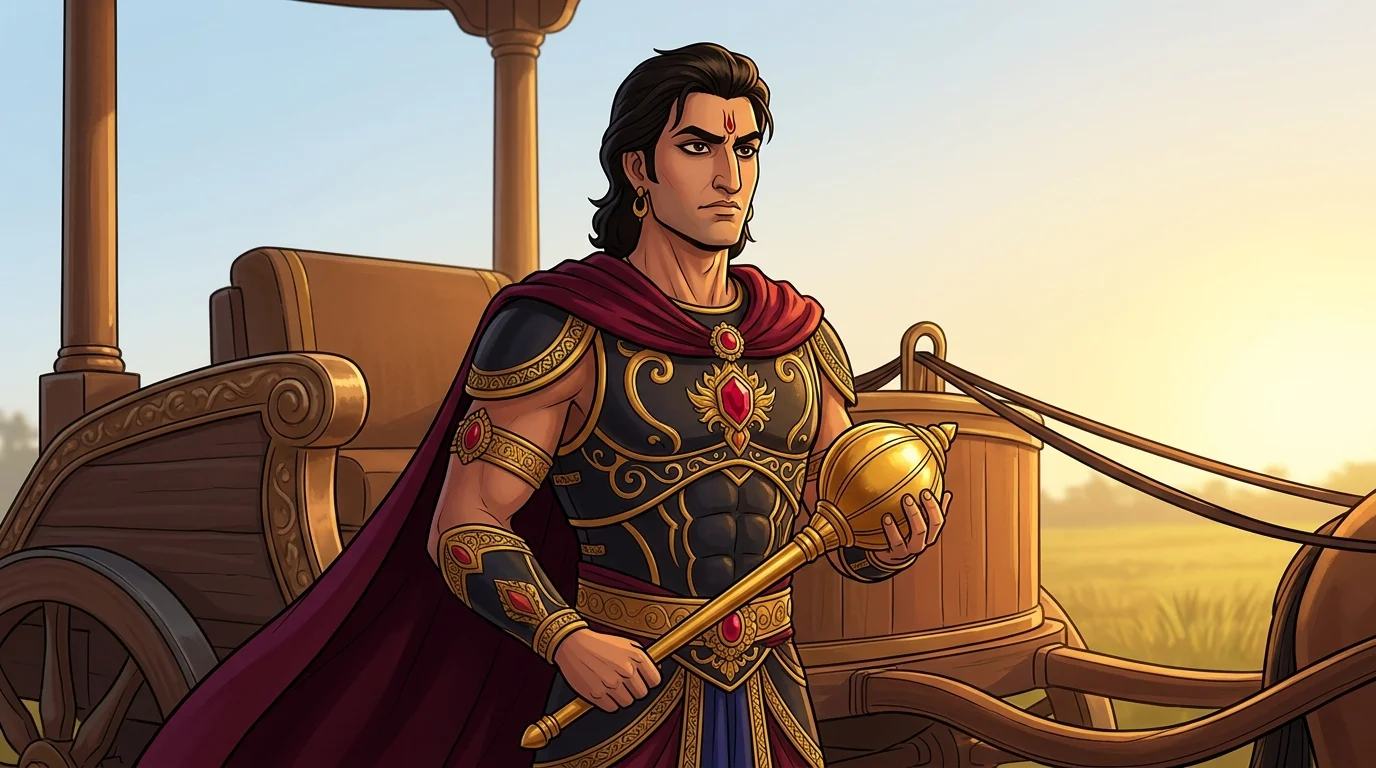 Duryodhana straightening up beside Drona's chariot with a sharp calculating glint in his eye