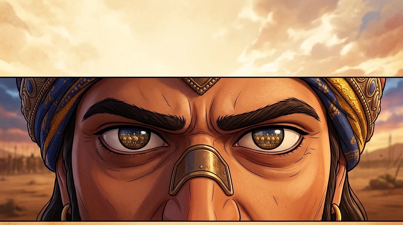 Extreme close-up on Duryodhana's narrowing eyes reflecting the gleaming Pandava formation
