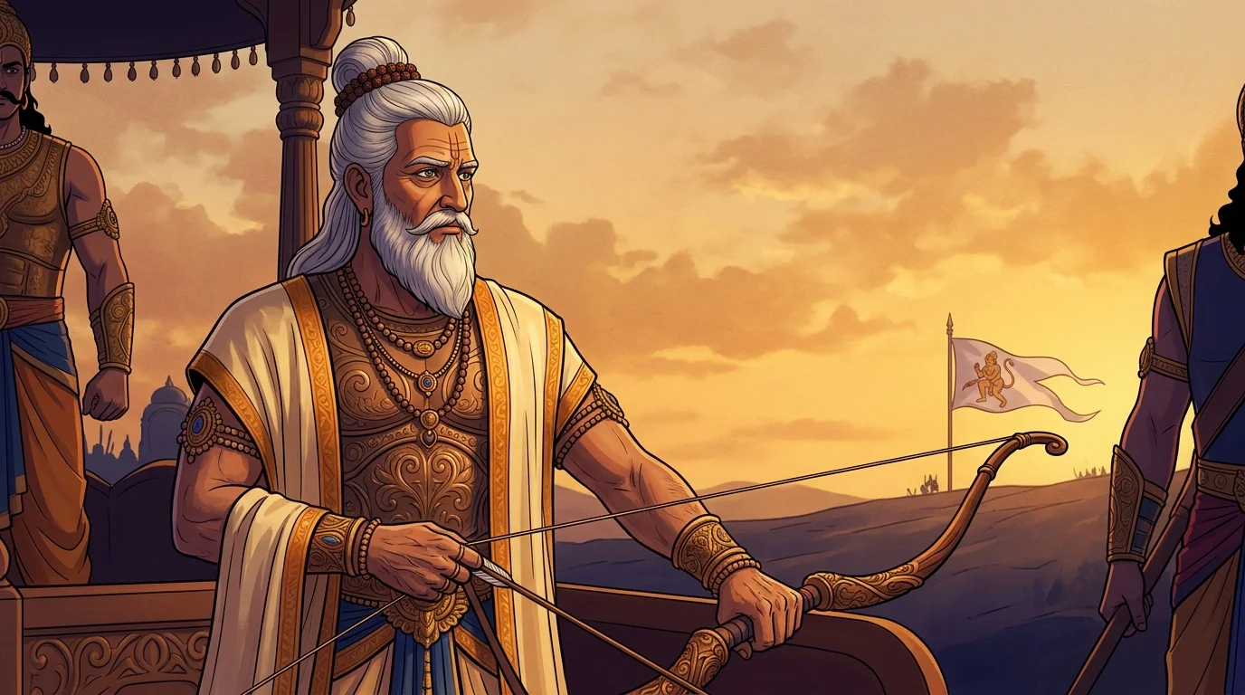 Close medium shot of Acharya Drona holding his sacred bow, torn between duty and spiritual love