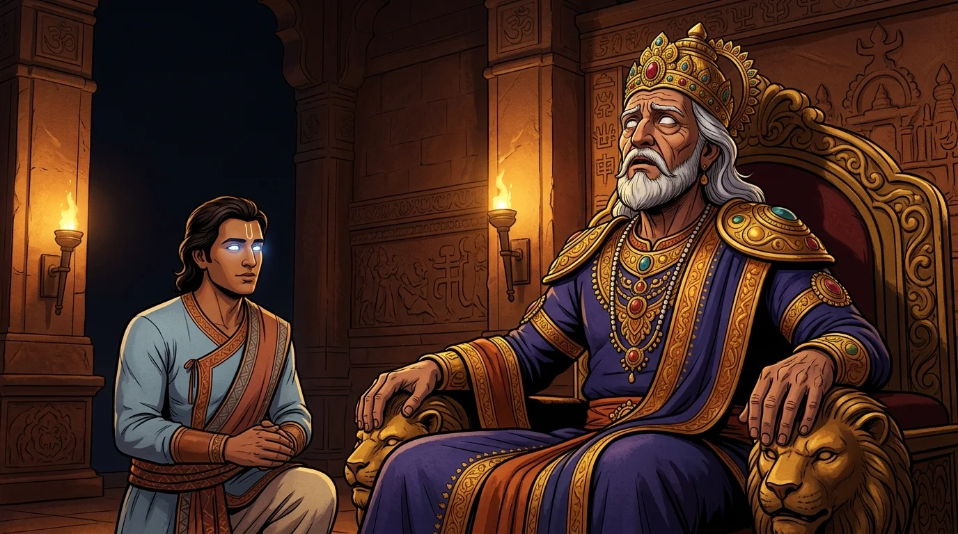 Interior palace interlude with King Dhritarashtra contemplating Sanjaya's words