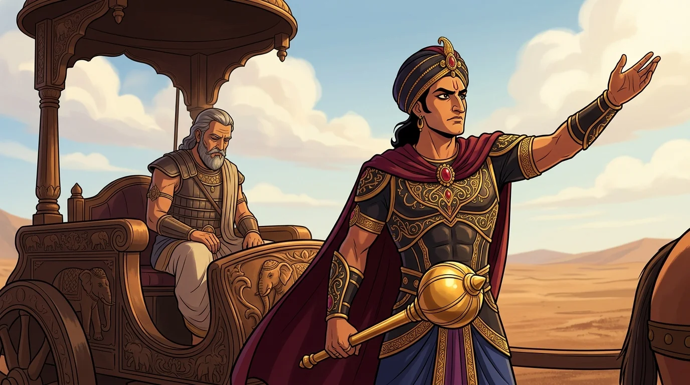 Duryodhana raising his arm in dramatic sarcasm toward the Pandava horizon