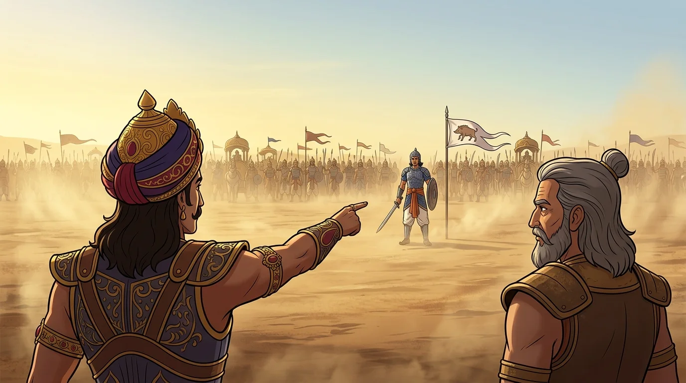 Over-the-shoulder wide shot of Duryodhana pointing toward young commander Dhrishtadyumna