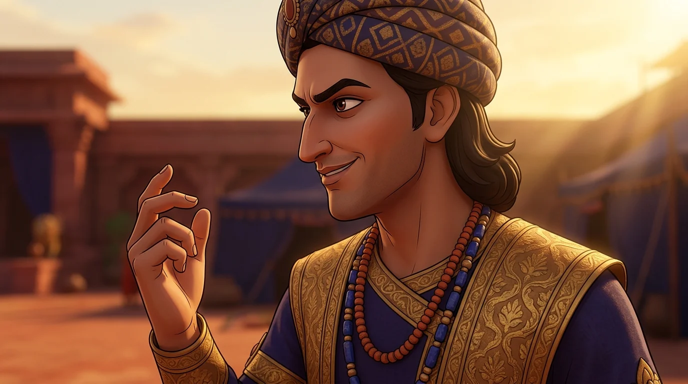 Tight profile shot of Prince Duryodhana smirking as he prepares his next verbal strike