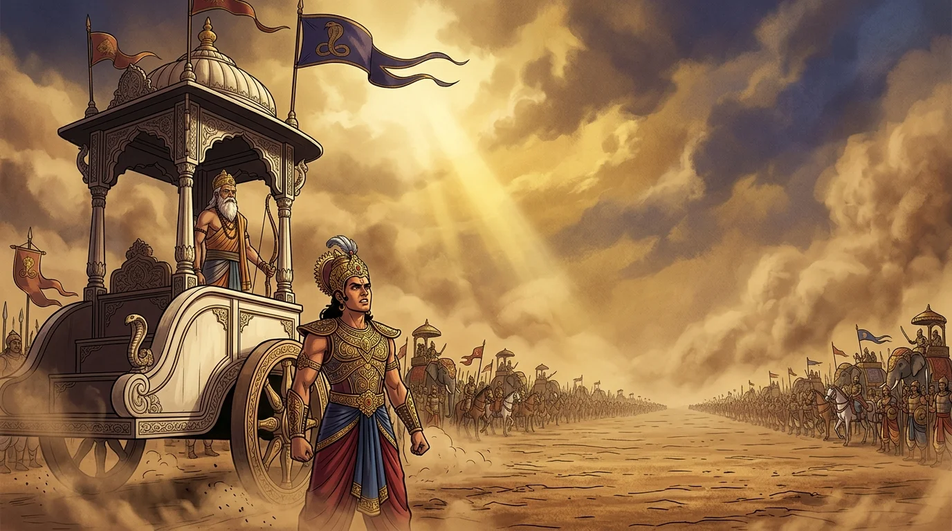 Epic cinematic wide shot of Duryodhana standing beneath Drona's chariot as war horns begin to drone