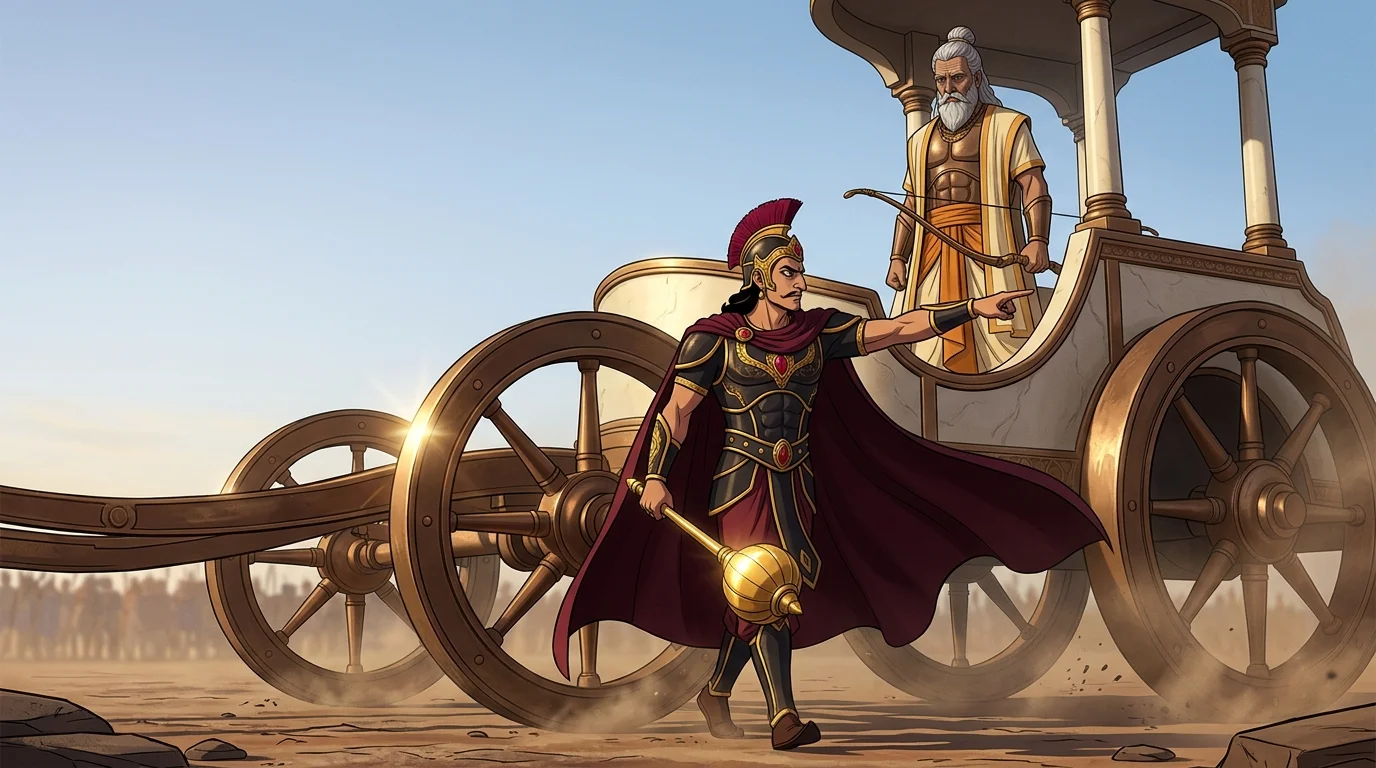 Prince Duryodhana stepping aggressively against Drona's chariot wheel, pointing toward the Pandavas
