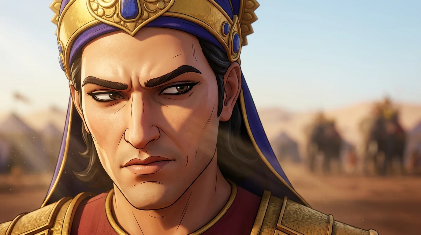 Tight close-up on Duryodhana's tense face and narrowing kajjala-lined eyes masking covert terror