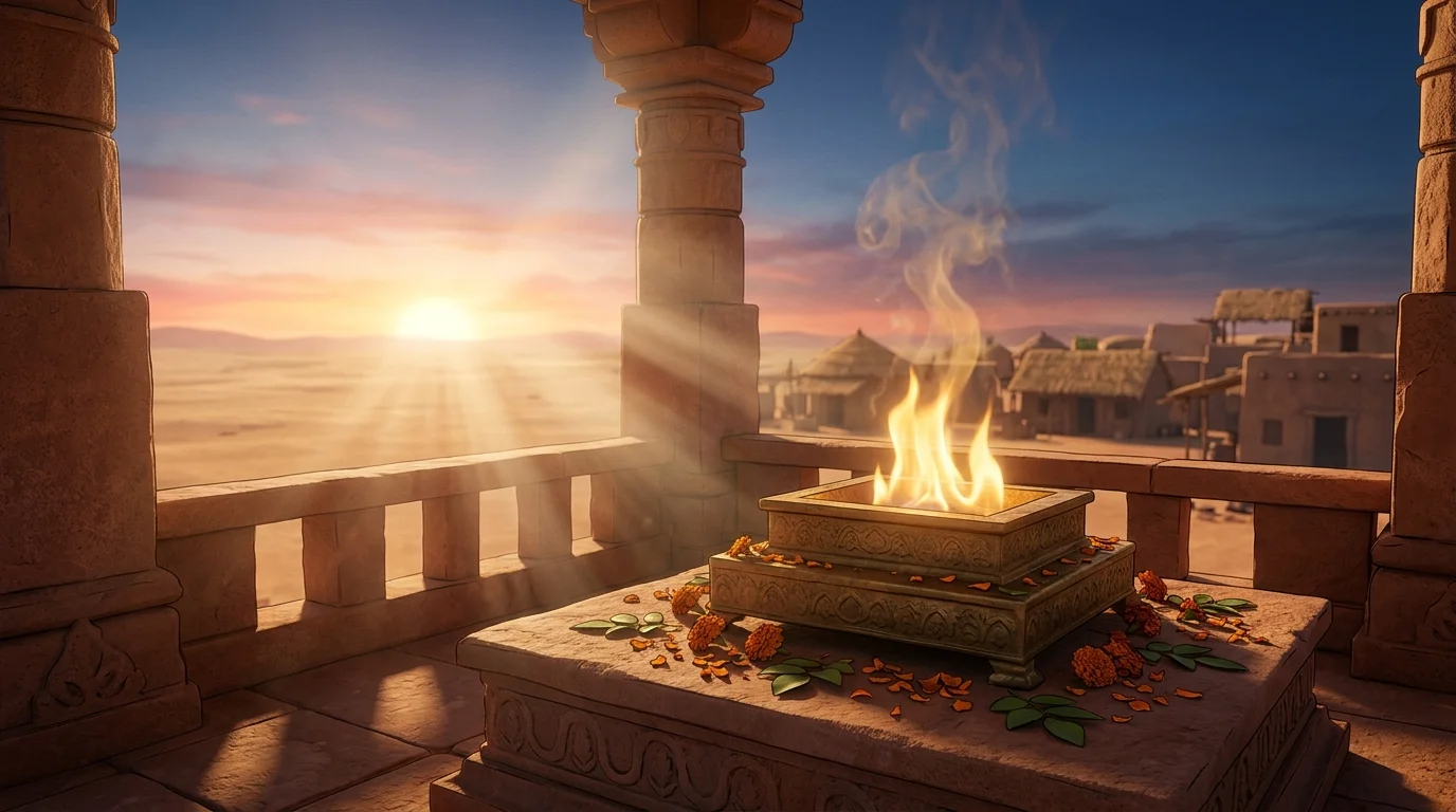 Sacred illuminated Vedic homa fire altar presenting Bhagavad Gita Shlok 1.3