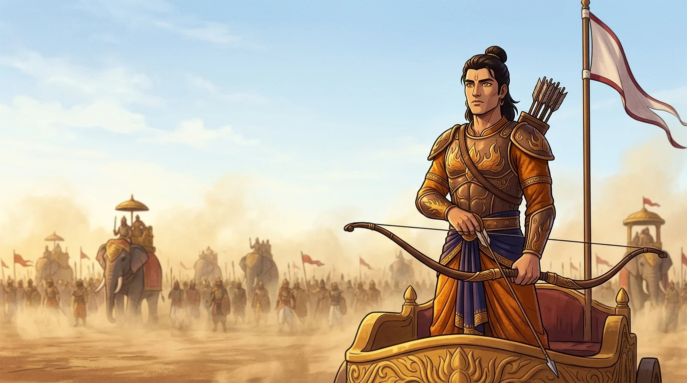 Telephoto heroic medium shot of youthful commander Dhrishtadyumna standing calm at the apex of the Pandava Vyuha