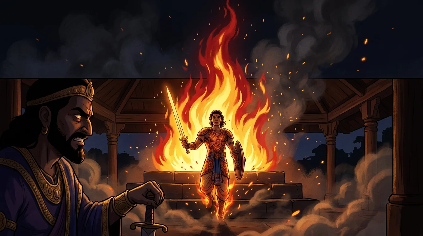 Dramatic memory vision of newborn Dhrishtadyumna stepping out of blazing sacrificial flames before King Drupada