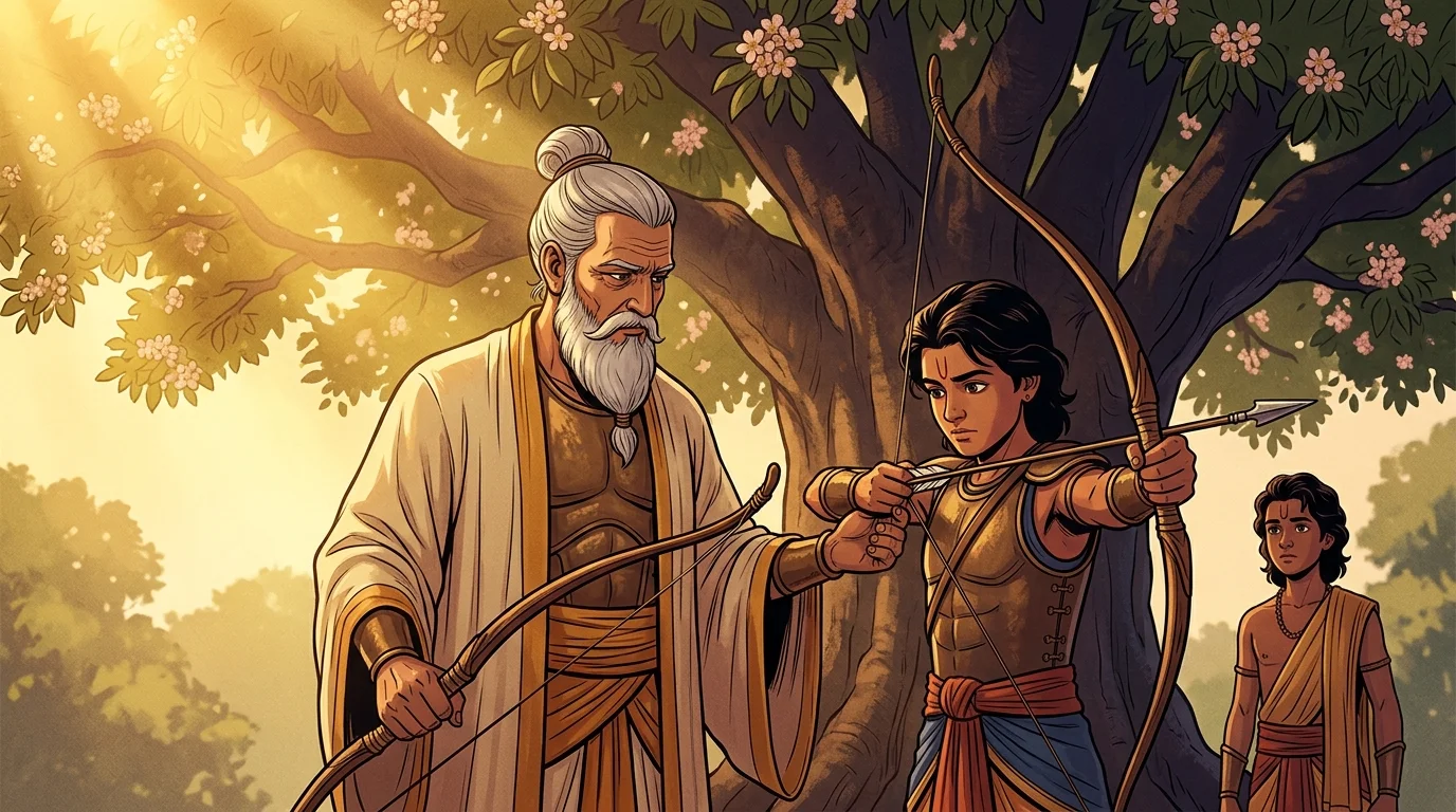 Historical memory flashback in the serene forest Gurukul with Acharya Drona teaching young Dhrishtadyumna archery