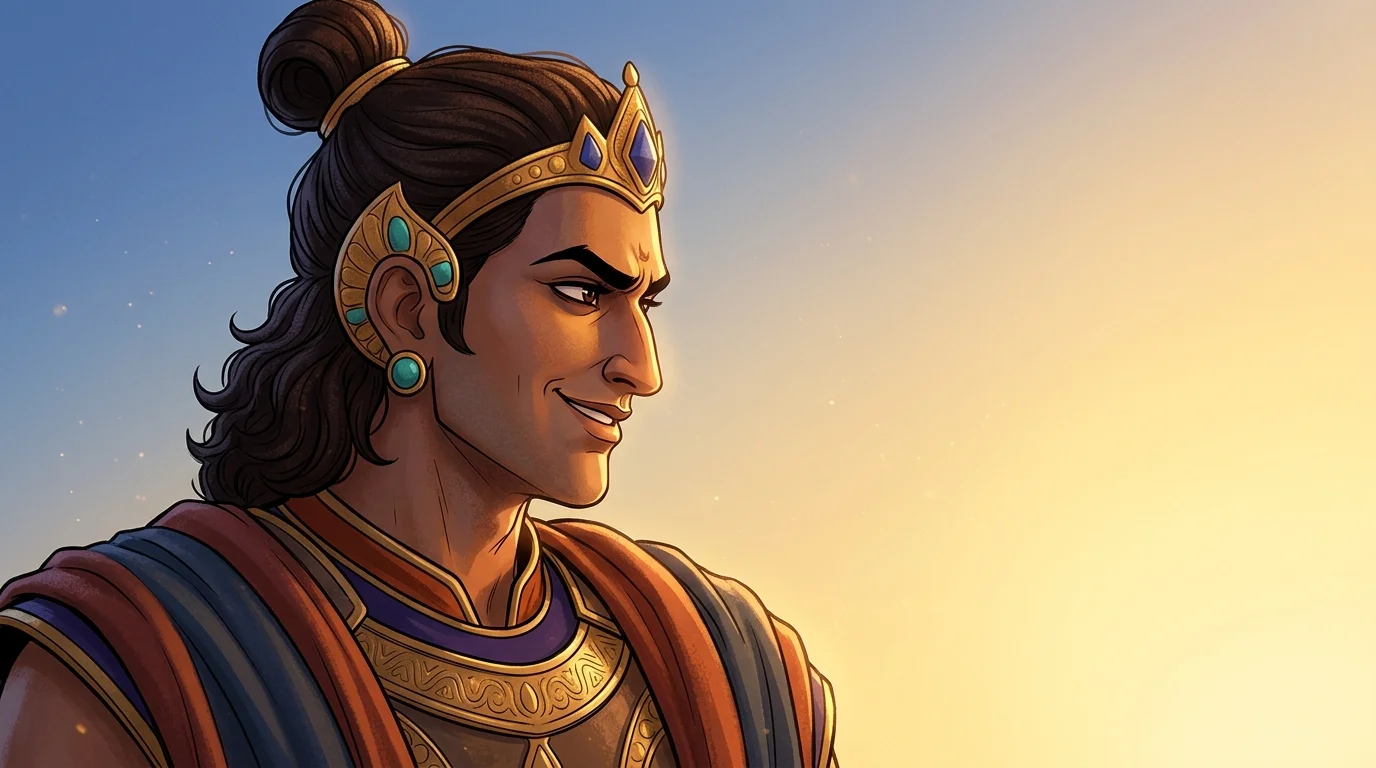 Dramatic close-up on Duryodhana's sneering smirk mocking Drona's impartiality