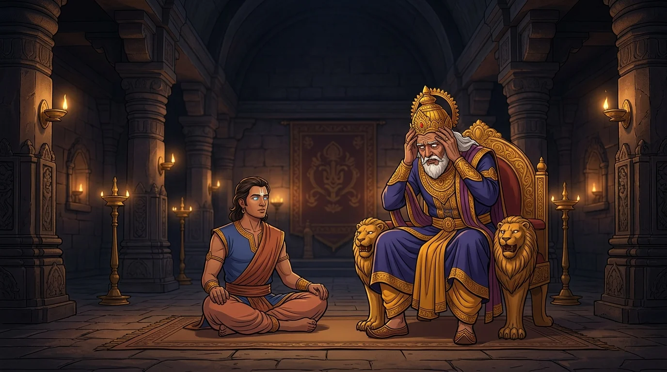 Interior palace cutaway in Hastinapur with King Dhritarashtra questioning Sanjaya in suspense