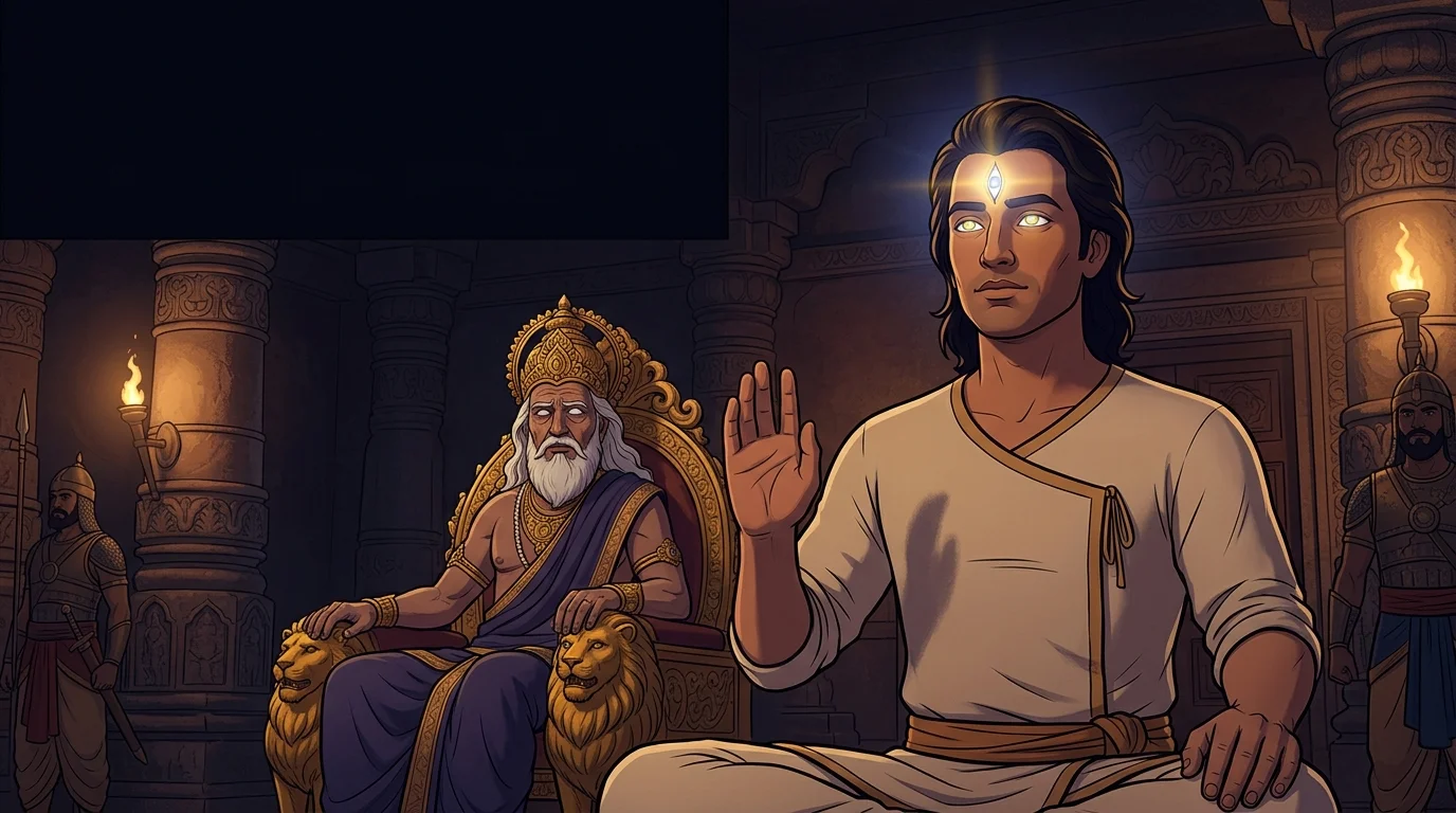Sanjaya in Hastinapur gesturing with deep spiritual conviction as divine sight radiates from his Third Eye