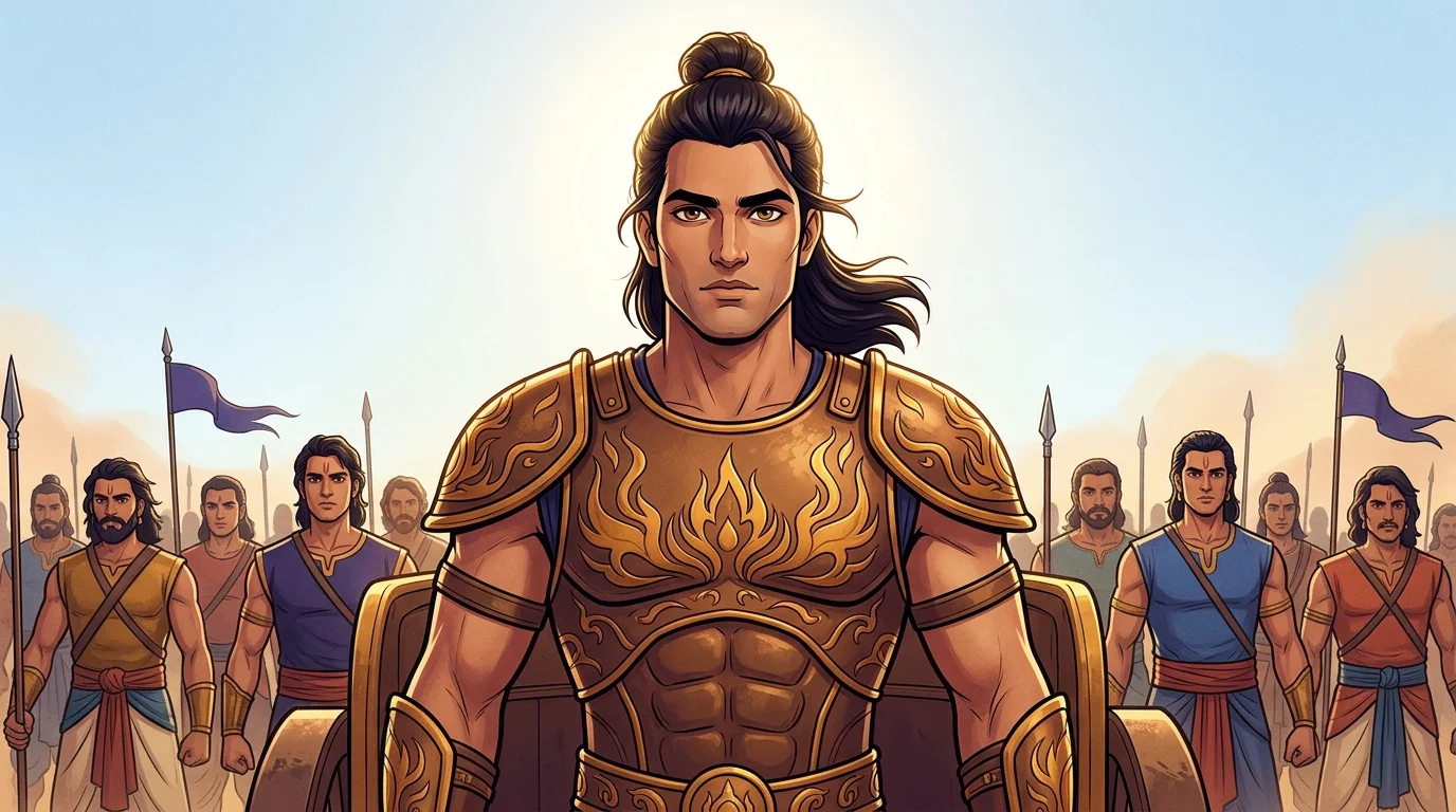 Heroic medium shot of Dhrishtadyumna on his war chariot at Kurukshetra standing in mountain-like unshakeable stillness