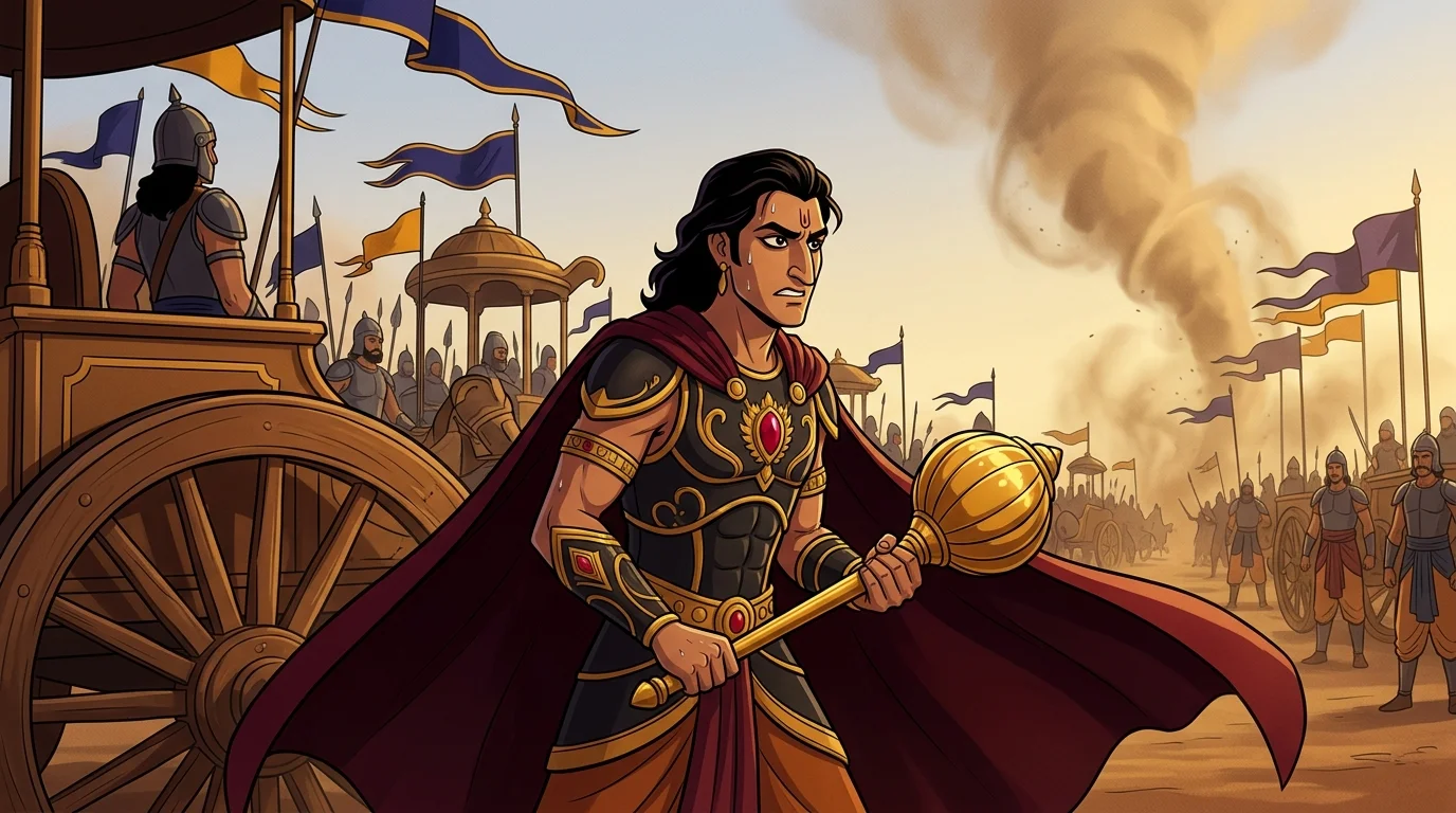 Direct contrast shot of Prince Duryodhana pacing restlessly beside his chariot wheels, clenching his mace in sweat and anxiety