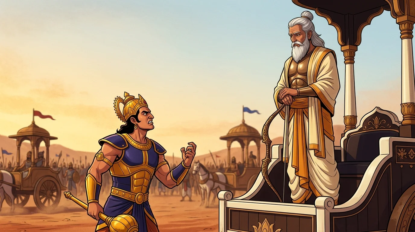 Duryodhana glaring up at Drona with open political suspicion, his golden mace resting at his hip