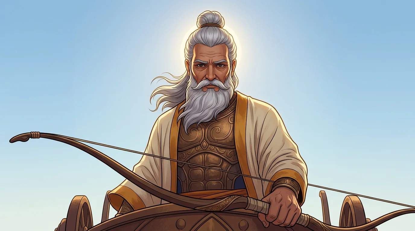Majestic low-angle close-up of Acharya Drona looking down with crushing spiritual authority and stoic dignity
