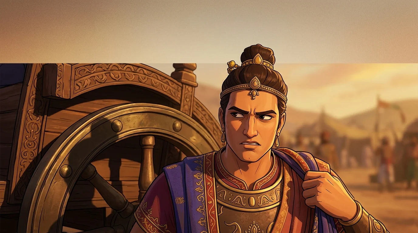 Tight close-up of Duryodhana flinching slightly before recovering his cold, scheming composure