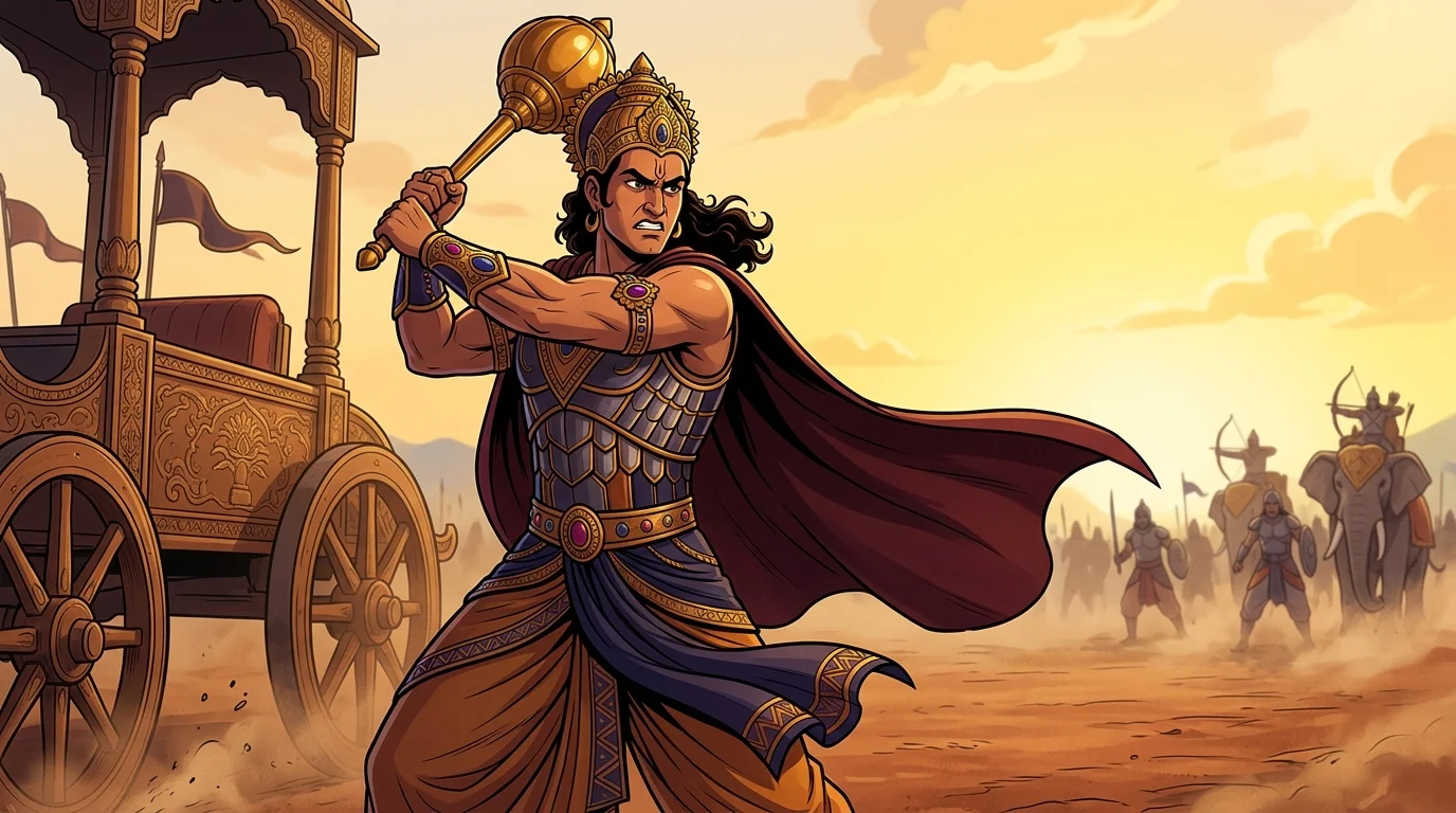 Duryodhana wheeling around aggressively, raising his golden mace high toward the Pandava vanguard
