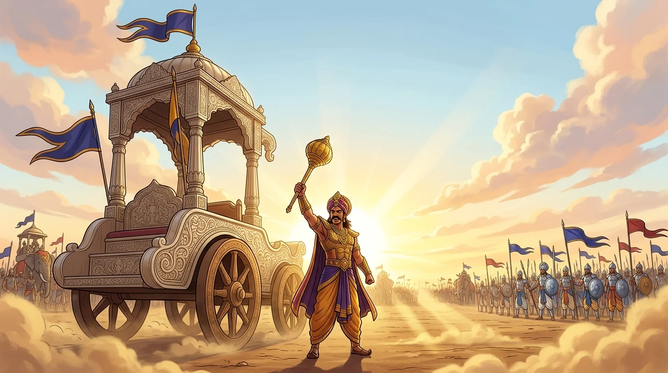 Epic cinematic wide shot of Duryodhana standing beneath Drona's colossal chariot as conches echo across Kurukshetra