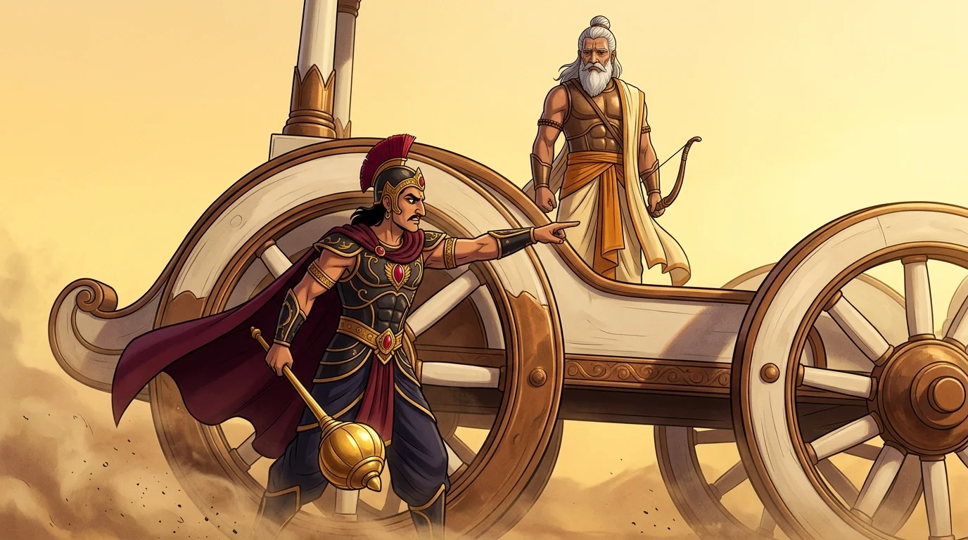 Prince Duryodhana leaning aggressively against Dronacharya's colossal ivory chariot wheel, pointing across the sands of Kurukshetra