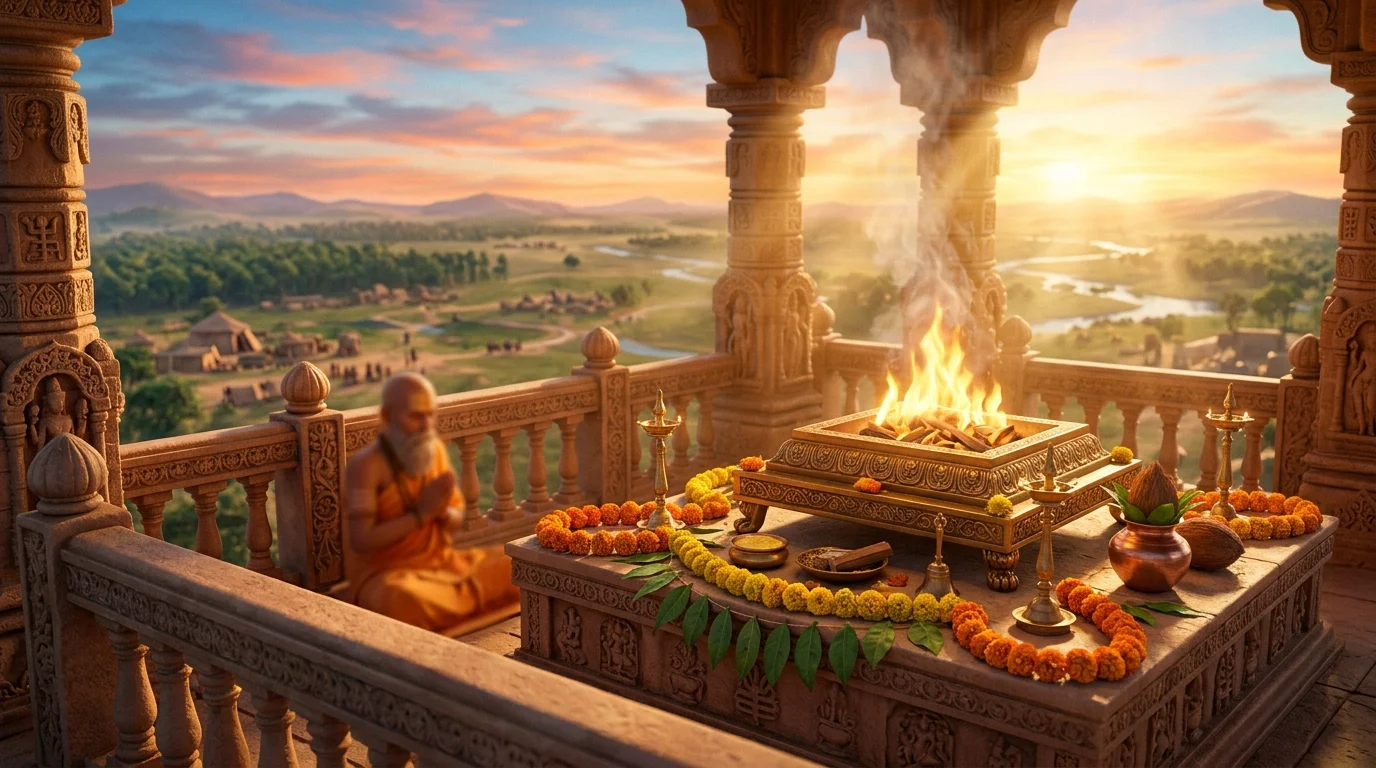 Sacred illuminated Vedic homa fire altar presenting Bhagavad Gita Shlok 1.4 against the morning sky