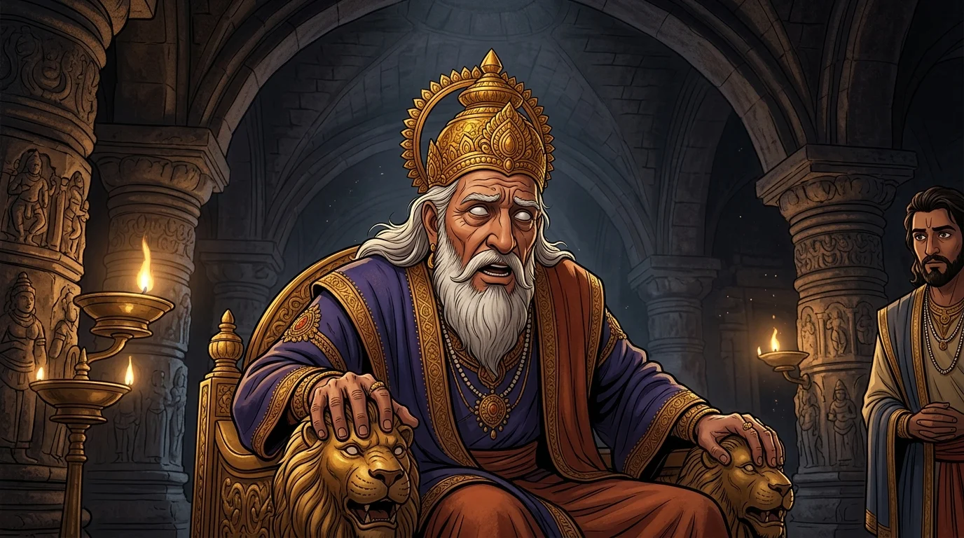 Interior palace stone chamber in Hastinapur with King Dhritarashtra leaning forward from his lion throne, clutching the carved armrest in suspense