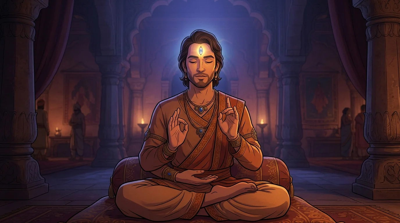 Sanjaya in Hastinapur gesturing with deep spiritual authority as celestial sapphire-golden divine sight radiates from his Third Eye