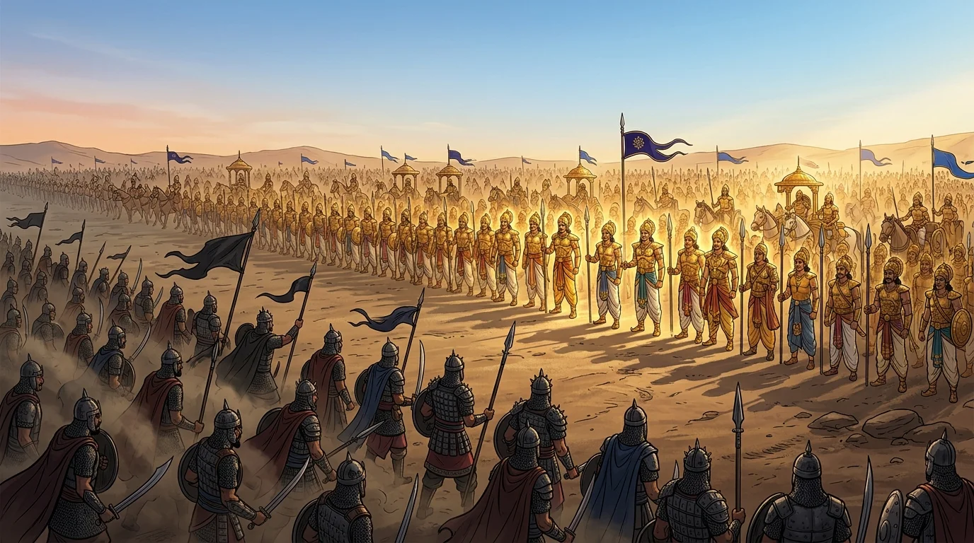 Panoramic telephoto view across Kurukshetra showing the radiant Pandava vanguard glowing in serene morning brilliance against the swirling dark dust of the Kaurava ranks