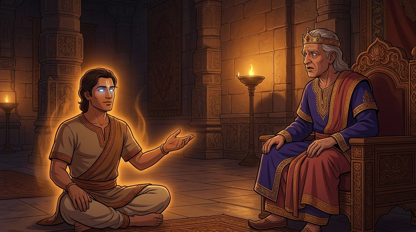 Sanjaya in Hastinapur explaining the allegorical identity of Bhima to the attentive blind king
