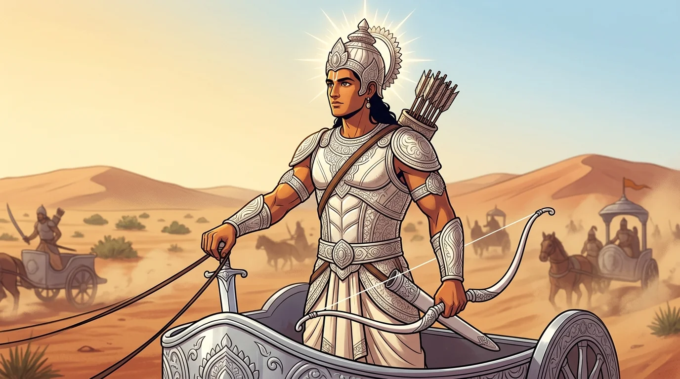 Heroic medium shot of Yuyudhana (Satyaki) on his gleaming silver chariot, radiant ascetic face, holding a silver scimitar and bow in flawless warrior poise