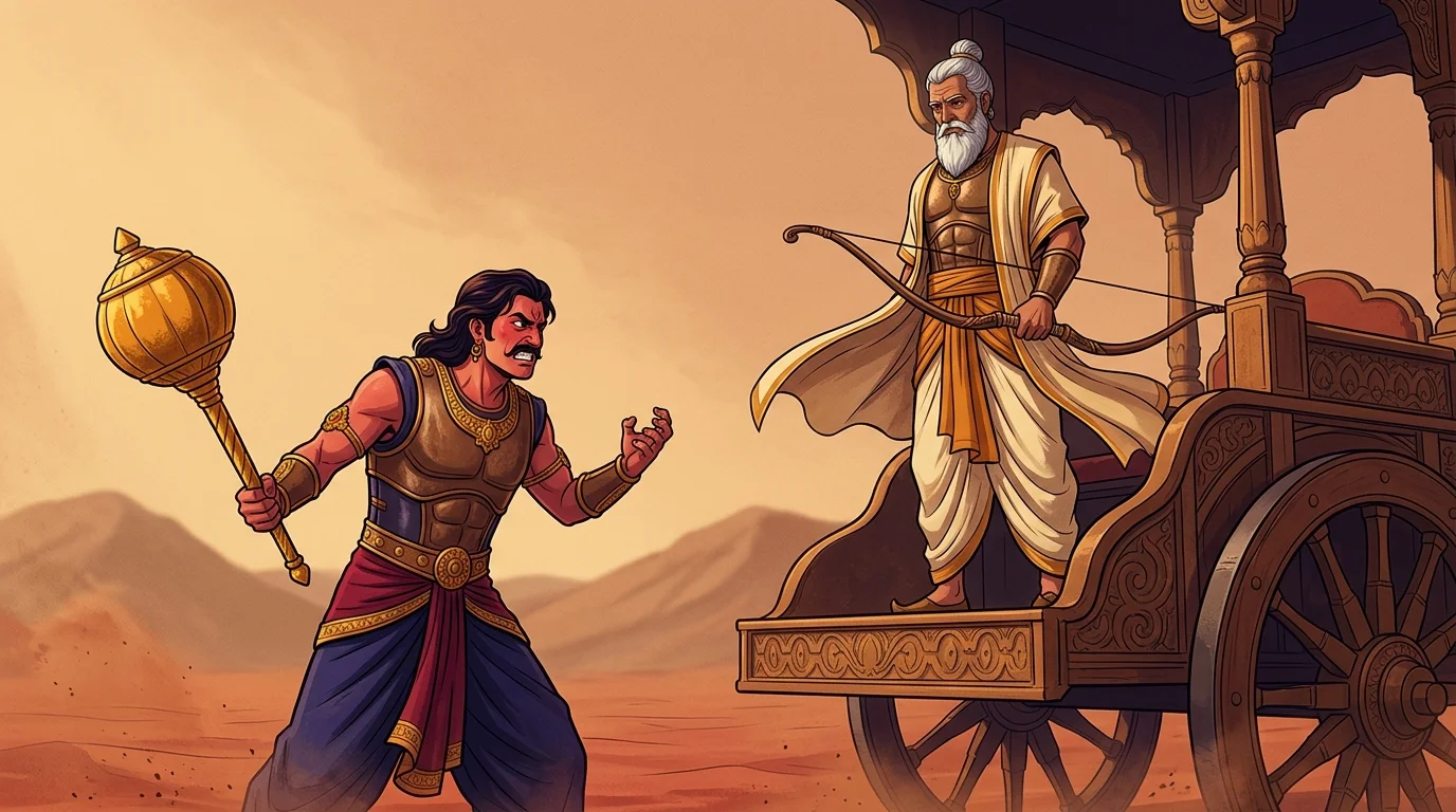 Low-angle shot at Drona's chariot wheels with Duryodhana gesturing with his golden mace, and Drona gazing down with calm, sorrowful wisdom