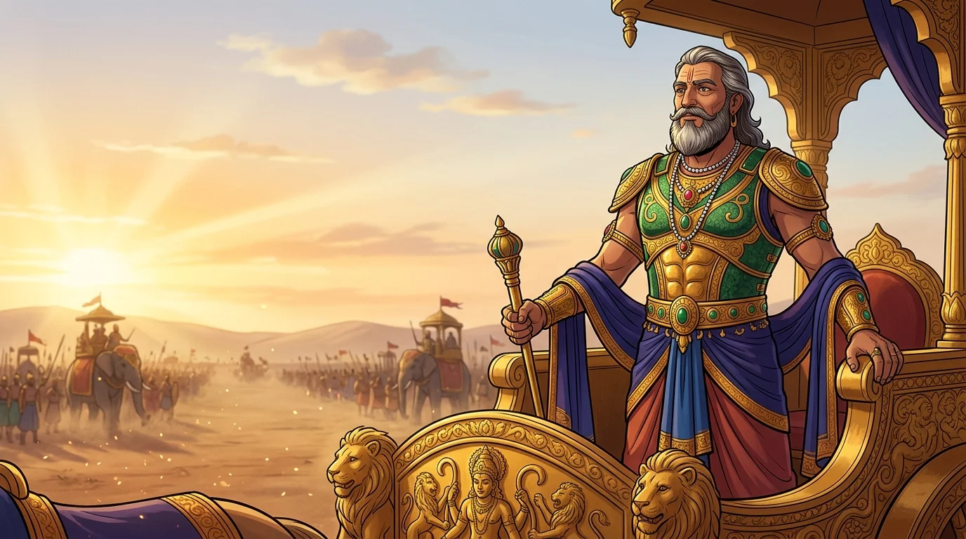 Majestic medium shot of King Virata standing upon his golden-and-emerald war chariot, regal silver beard, looking across the battlefield with vast, expansive eyes