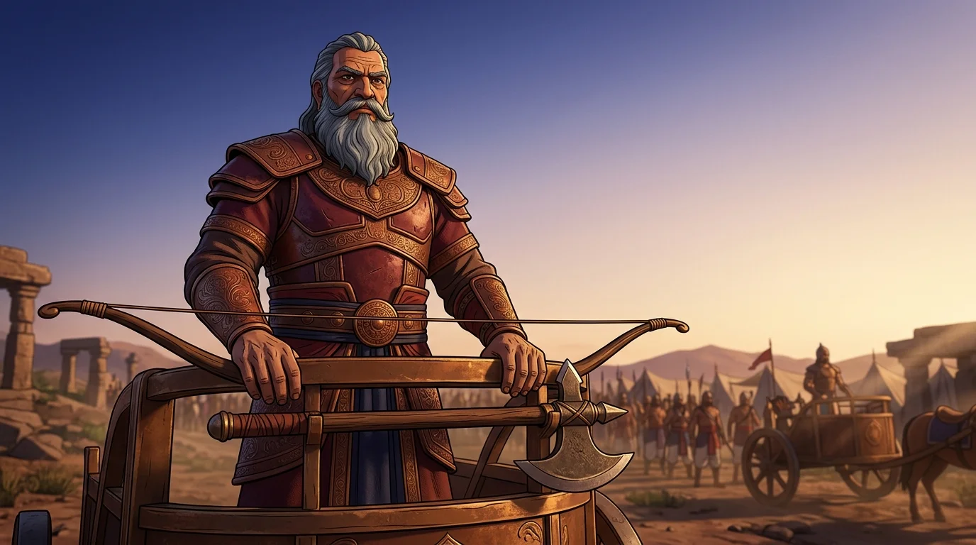 Towering low-angle shot of King Drupada standing on his heavy bronze chariot, thick weathered grey beard, leaning upon his great bow like an ancient granite cliff