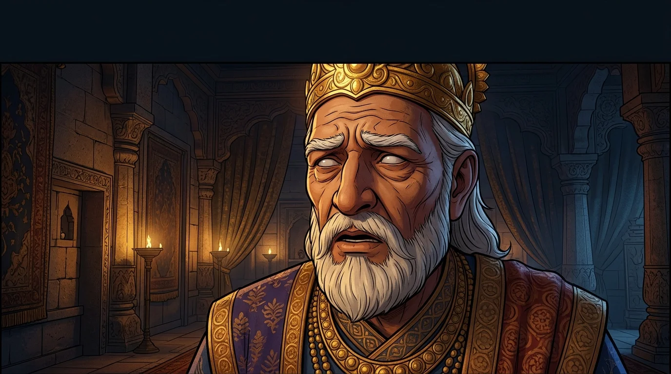 Interior Hastinapur throne room. Blind King Dhritarashtra clenches his jewel-encrusted robes, brow furrowed in anxious perplexity