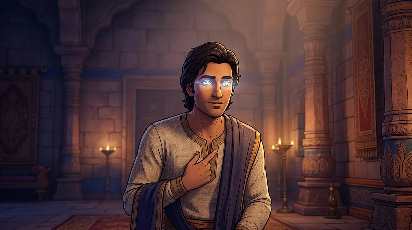 Sanjaya in Hastinapur turning toward the blind king, radiating calm inner certainty as sapphire light glimmers from his eyes
