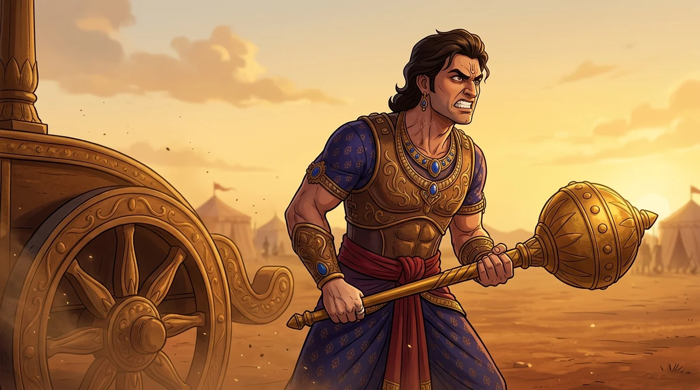 Medium shot of Prince Duryodhana clenching his golden mace with white knuckles, his face flushed with feverish, obsessive restlessness