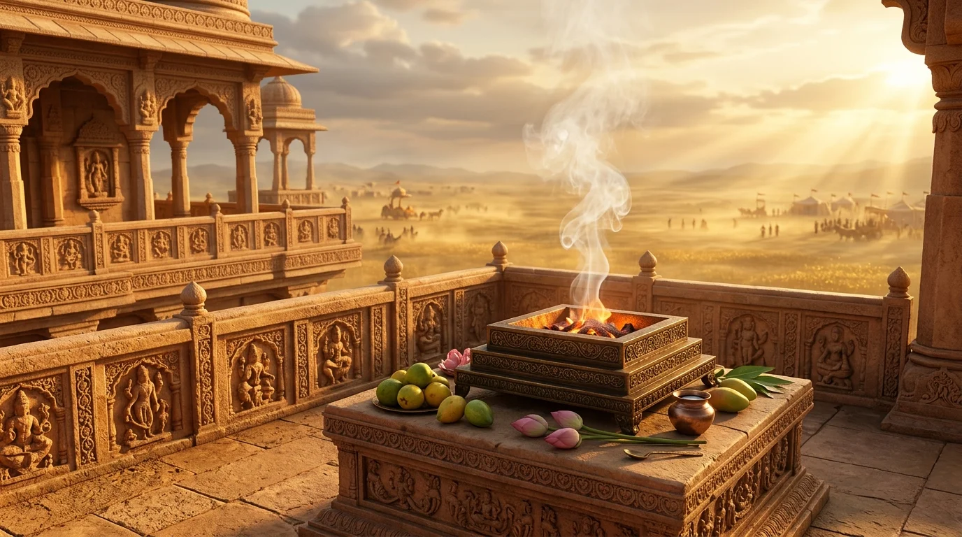 Sacred Vedic sandstone altar presenting Bhagavad Gita Shlok 1.5 in glowing golden Sanskrit verses above Kurukshetra
