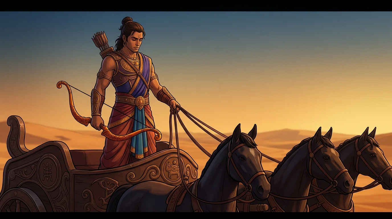Heroic medium shot of Chekitana upon his war chariot, holding the reins of galloping steeds and his bow, face locked in razor-sharp meditative concentration