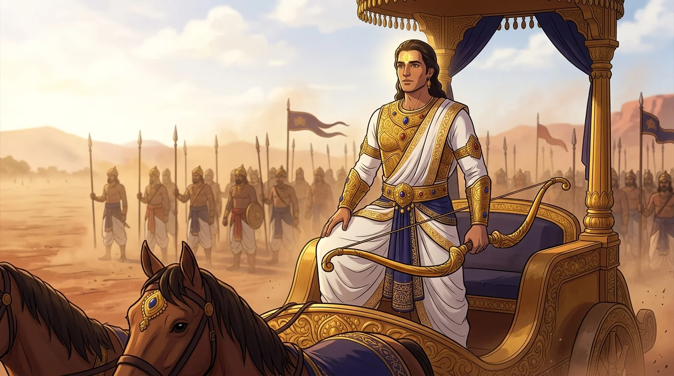 Majestic reveal of the King of Kashi (Kashiraja) on his shining golden chariot, pristine white-and-gold armor, solar tilak glowing on his serene face