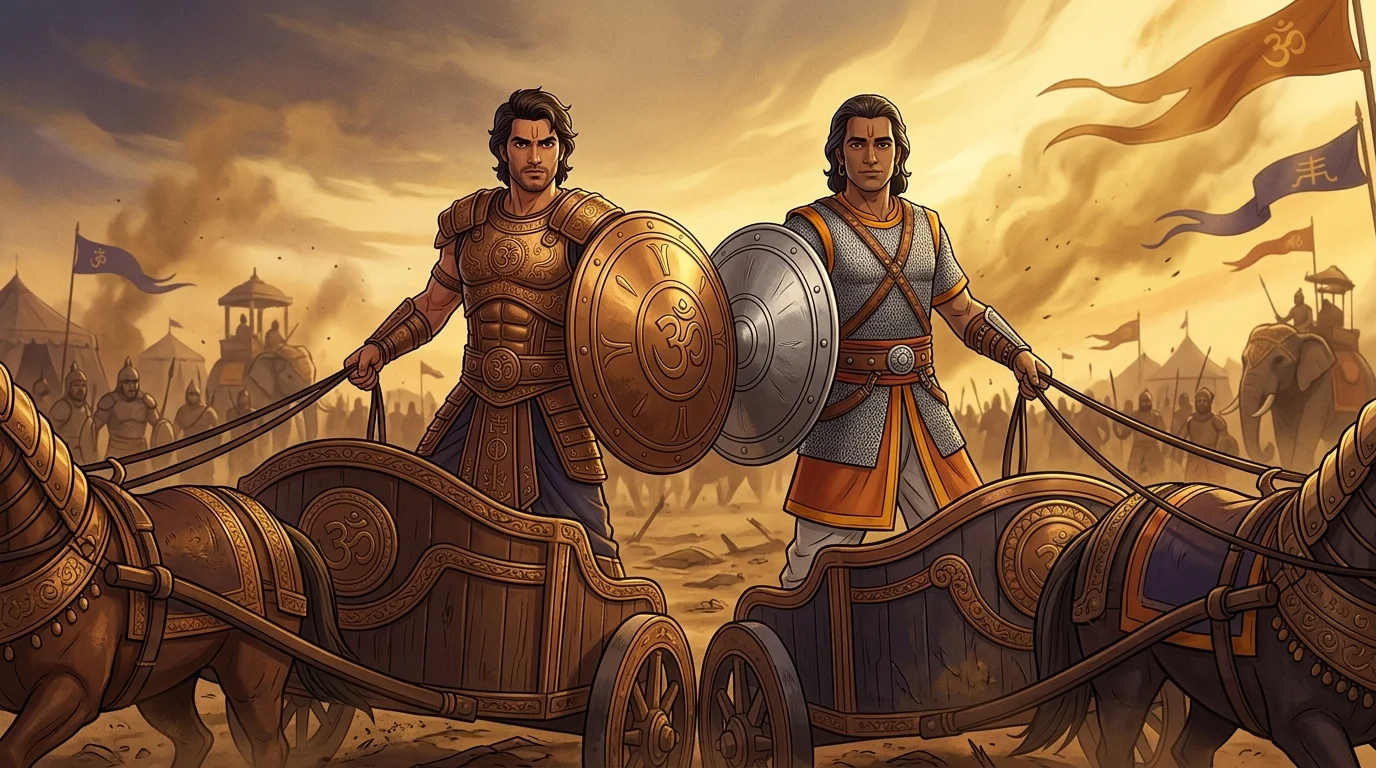 Dynamic two-shot of twin warrior brothers Purujit and Kuntibhoja standing shoulder to shoulder on paired war chariots, bronze shields interlocked