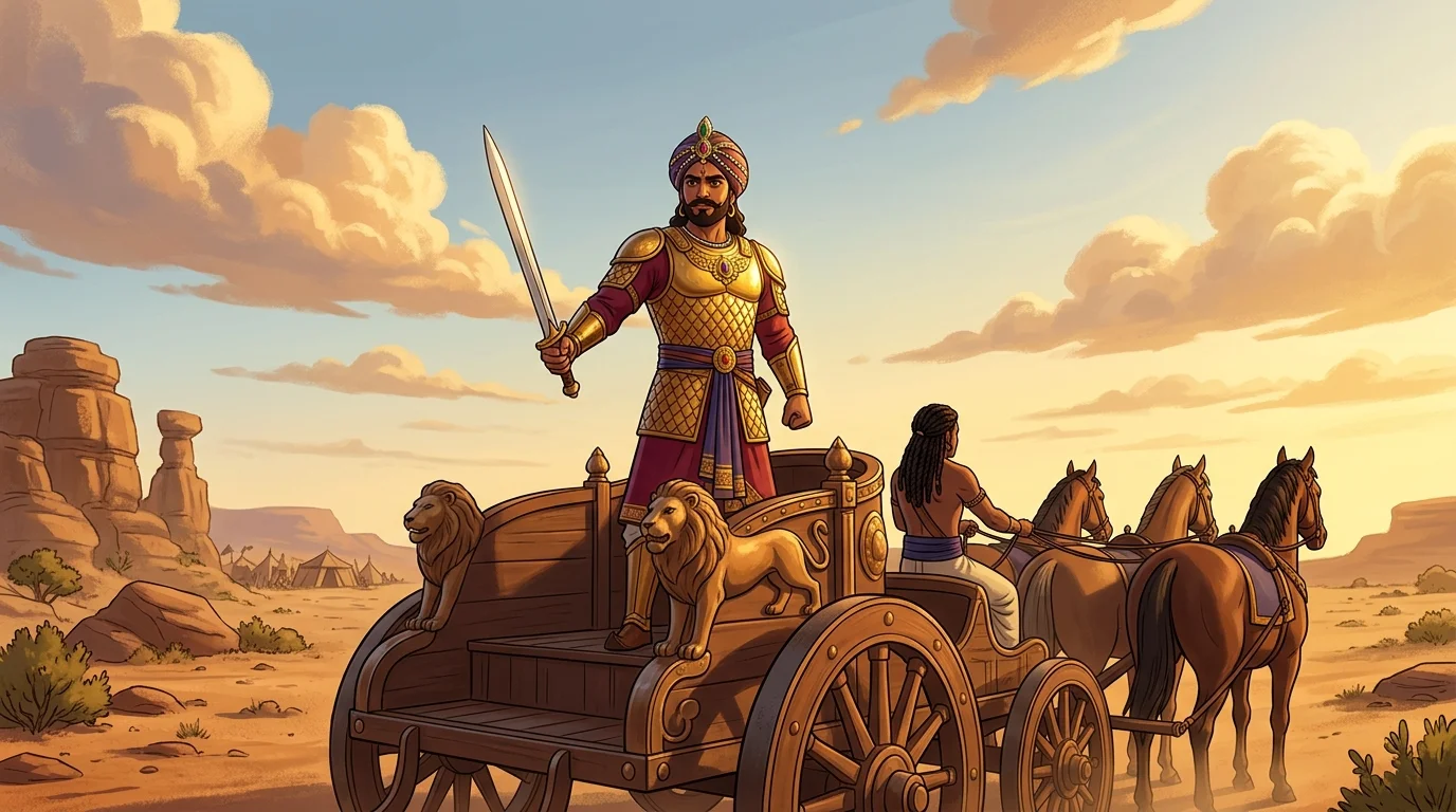 Heroic low-angle shot of Shaibya, King of the Shivis, standing tall with a straight gleaming broadsword, aristocratic face of unblemished integrity