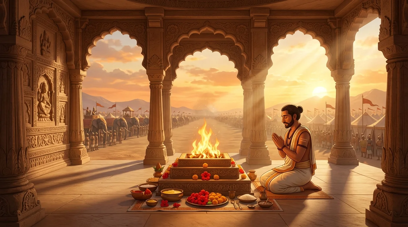 Sacred illuminated Vedic homa fire altar overlooking the vast sunlit plains presenting Bhagavad Gita Shlok 1.6