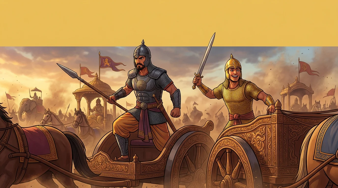 Dynamic action shot of Yudhamanyu and Uttamauja on their twin war chariots guarding the wheels of Arjuna. Yudhamanyu fiercely focused, Uttamauja radiant with ecstatic joy