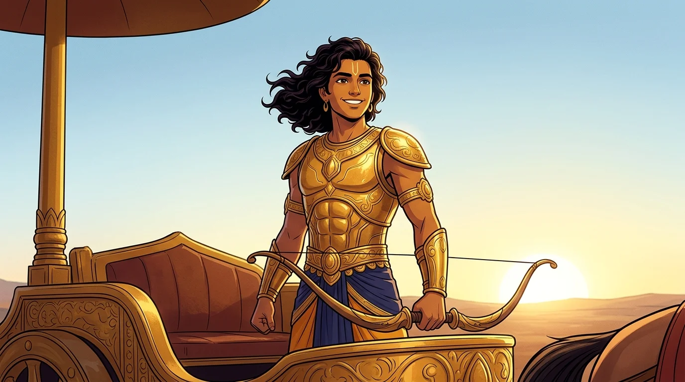 Heroic medium close-up of sixteen-year-old Prince Abhimanyu (Saubhadra) on his war chariot, dark curls, golden armor, fearless sparkling smile, holding bow with effortless grace