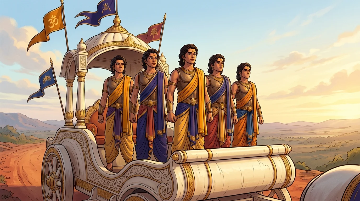 Magnificent panoramic shot of the Five Sons of Draupadi (Upapandavas) standing unified upon a massive ivory chariot with fluttering banners, exuding calm nobility